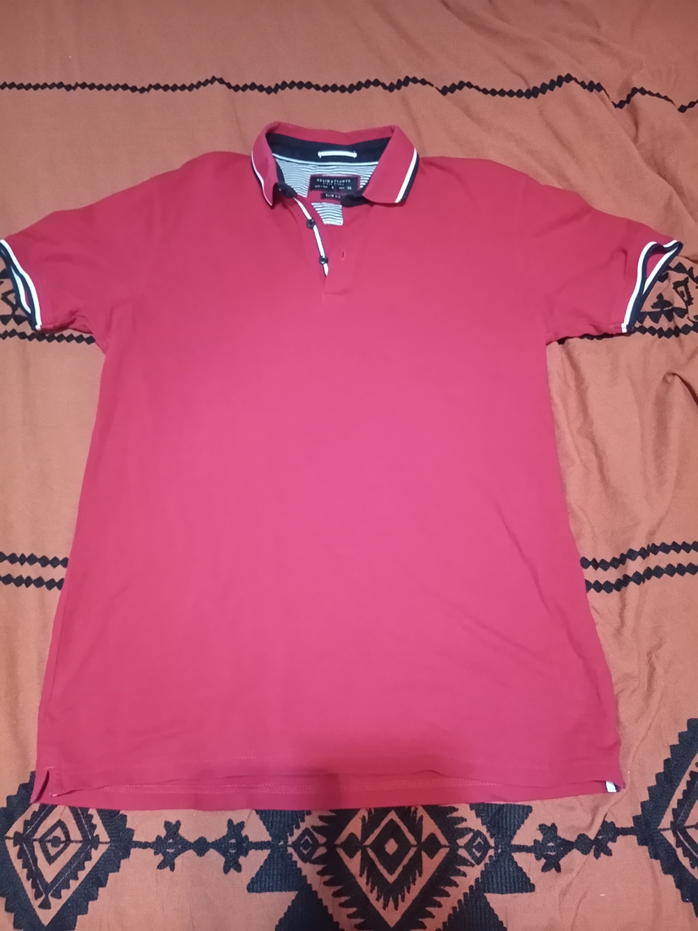 Denim & Flower Red Polo with Navy & White Trim